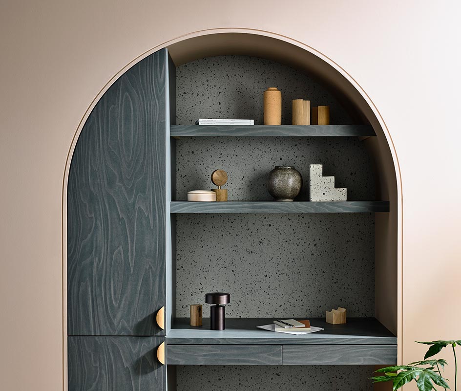 Laminex study nook with Smoked Birchply and Tinted Paper Terrazzo