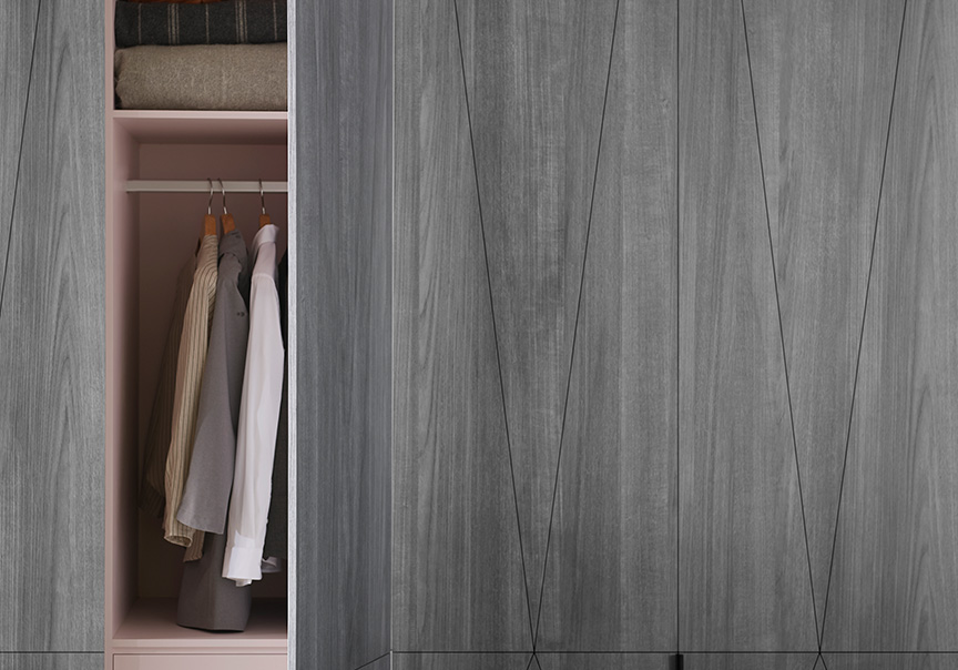 Bedroom designed by Chris Connell for Laminex. Cabinetry featuring Laminex Fox Teakwood and Just Rose.