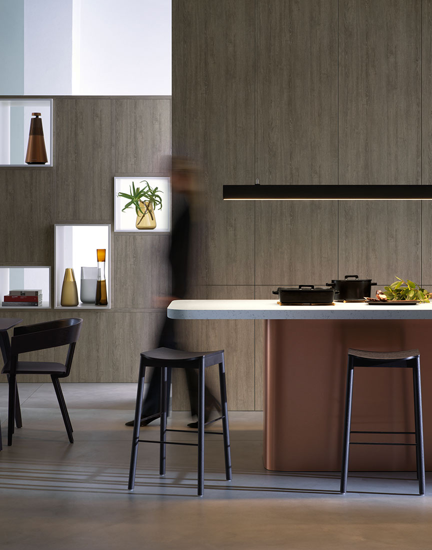 Kitchen designed by Chris Connell for Laminex.  Cabinetry and shelving features Laminex Delana Oak, Island Benchtop in Crema Venato and facing in Brushed Copper.