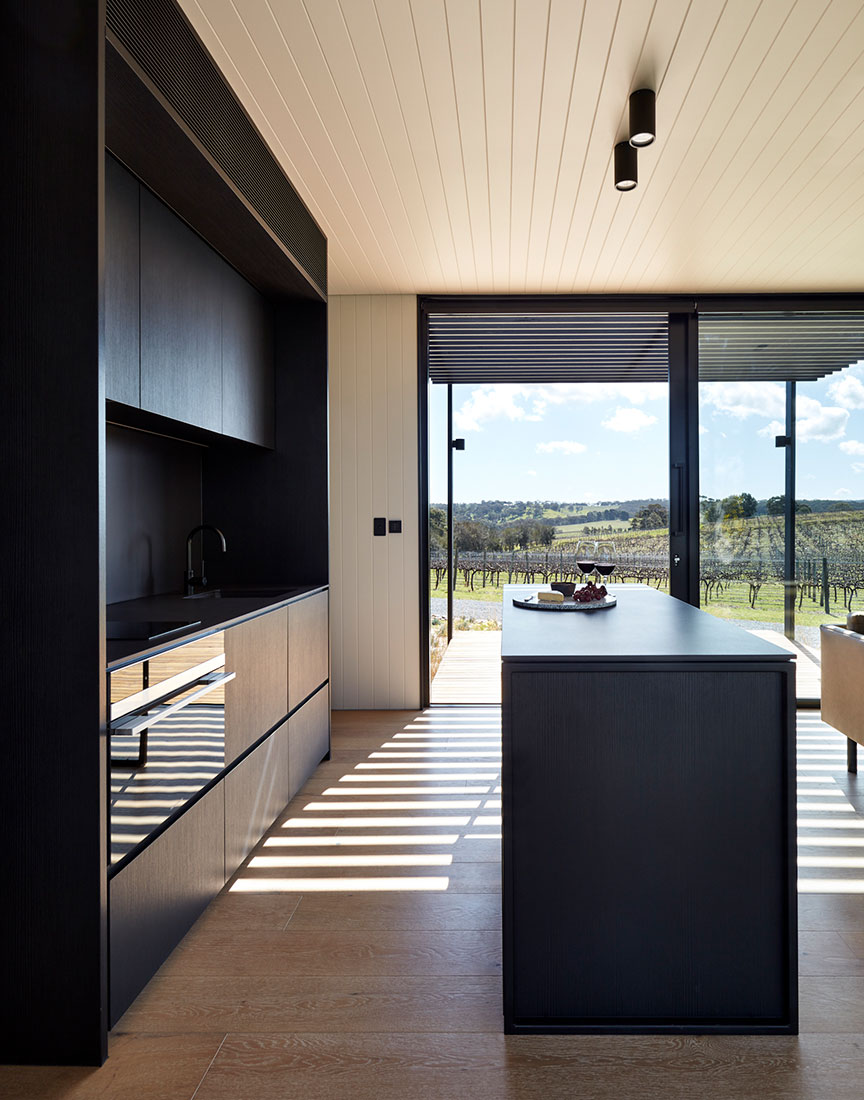 Escapod Vineyard Retreat. Kitchen cabinetry in Laminex Black Nuance.