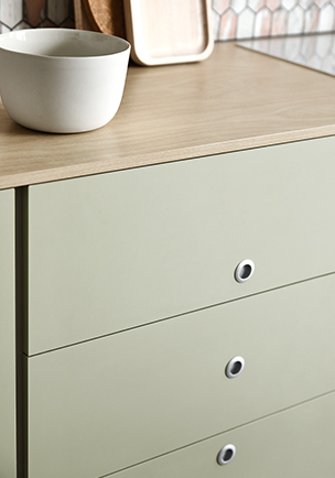 Cabinetry featuring drawers in Laminex Colour Collection - Seed and Benchtop in Laminex Colour Collection - Raw Birchply