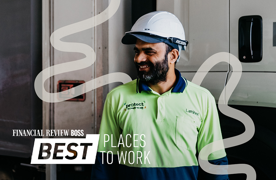 Smiling man wearing high vis and Laminex uniform with words AFR Best Places to Work