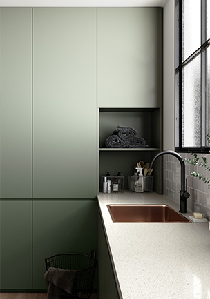 Cabinetry featuring Laminex Colour Collection in Green Slate and benchtop in Colour Collection Pure Mineralstone II