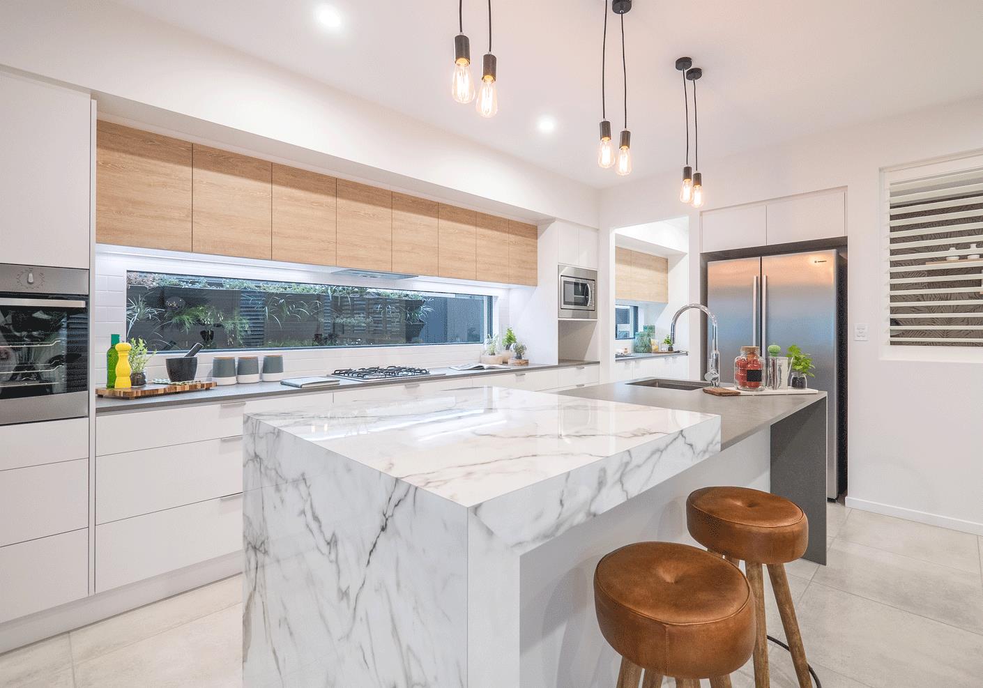 Scandinavian Kitchen with Marble Benchtop by Adenbrook Homes